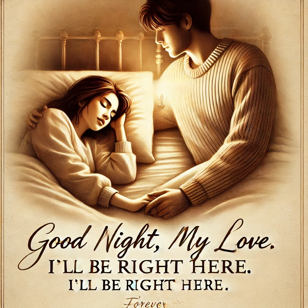 An image of a couple holding hands while one person sleeps and the other watches over them lovingly. The setting is cozy, perhaps with a soft bed and 