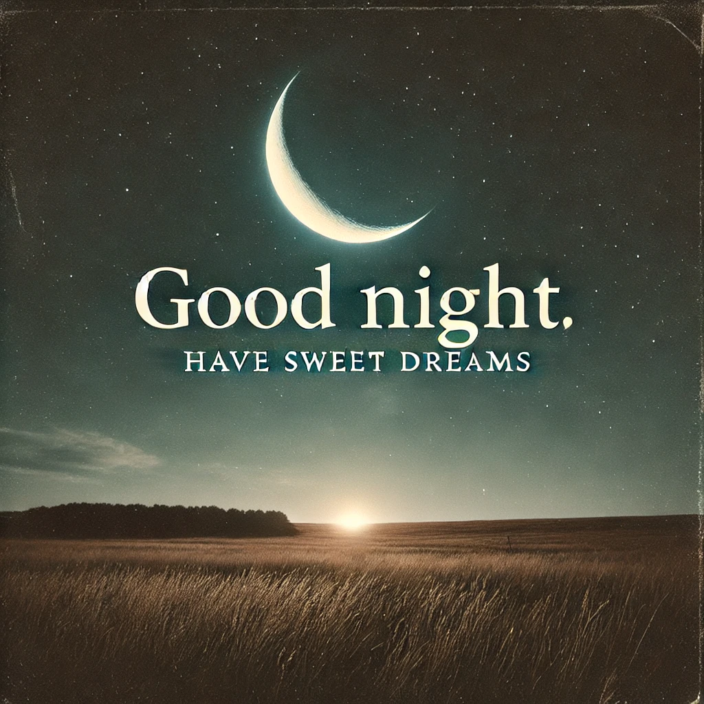 A simple image of a crescent moon over a field with the quote, "Good night, have sweet dreams.