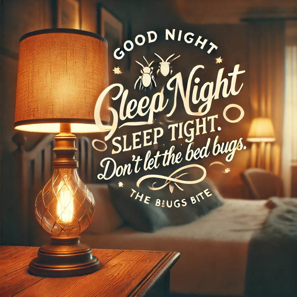 An image of a lamp turning off with the quote, "Good night, sleep tight. Don't let the bed bugs bite."