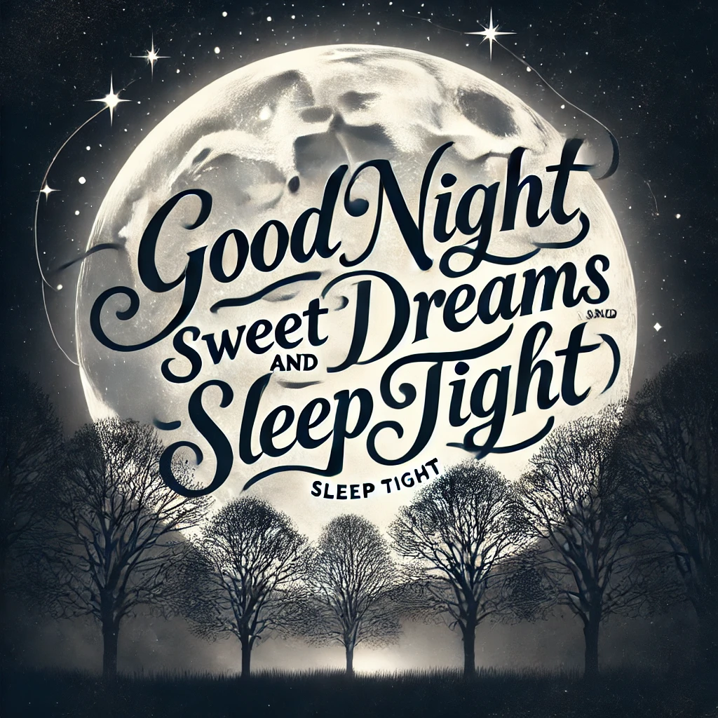 An image of a full moon over trees with the quote, "Good night, sweet dreams and sleep tight."