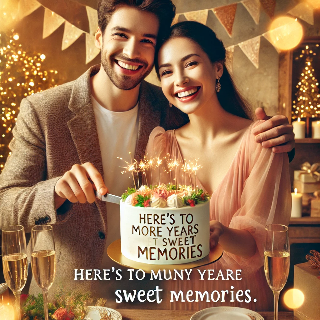 A photo of your parents cutting a cake together. Add the caption "Here's to many more years of sweet memories"