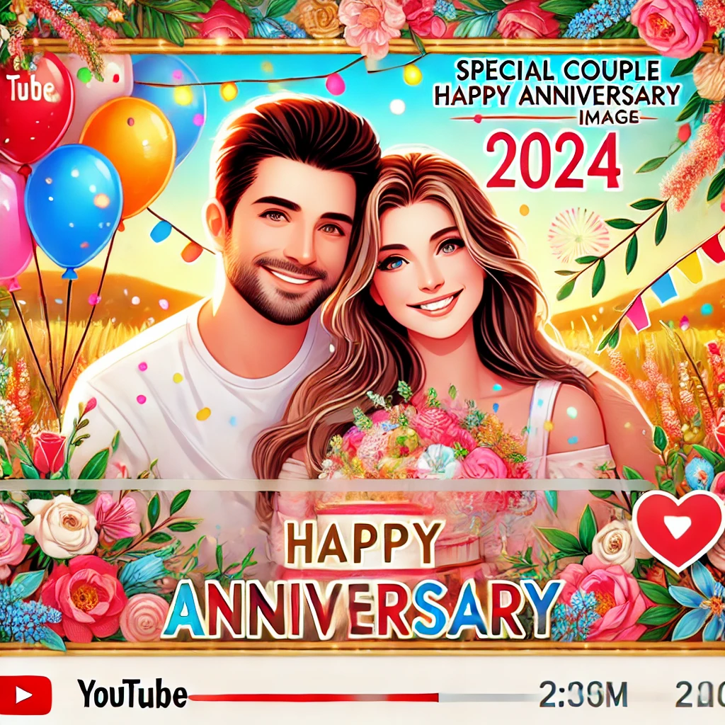 A vibrant and cheerful YouTube thumbnail for a video titled 'Special Couple Happy Anniversary Images 2024'. 