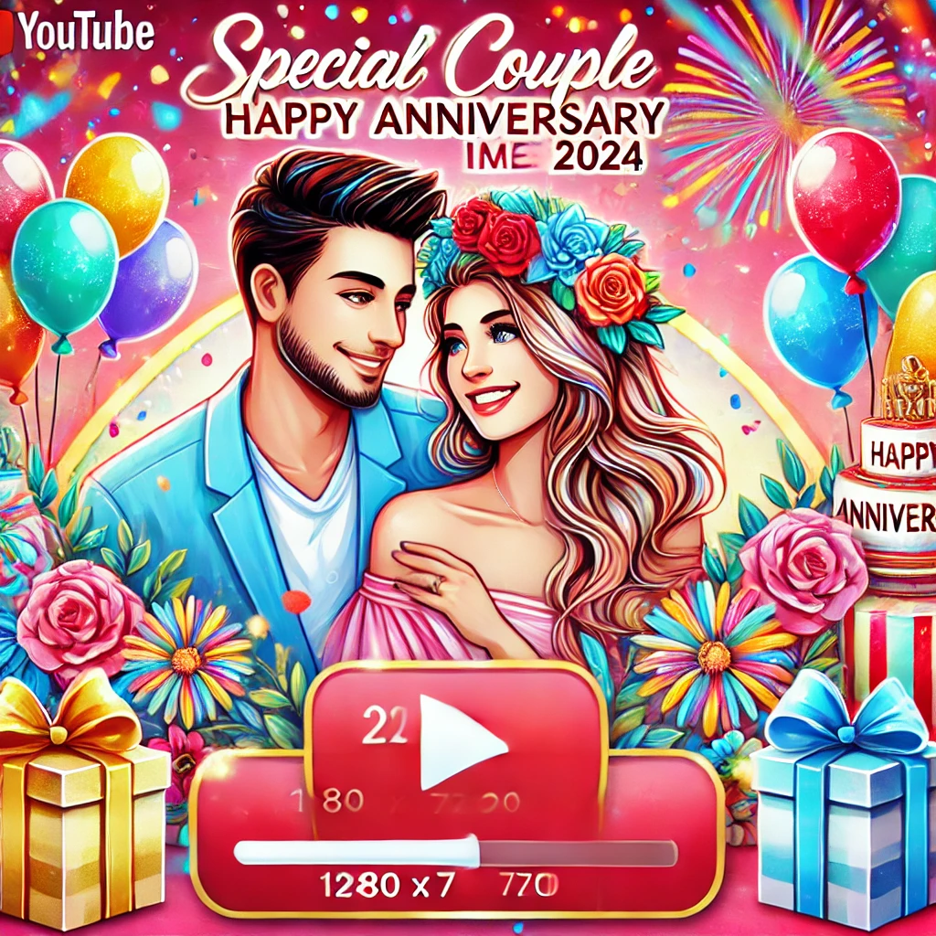 A vibrant and cheerful YouTube thumbnail for a video titled 'Special Couple Happy Anniversary Images 2024'. 