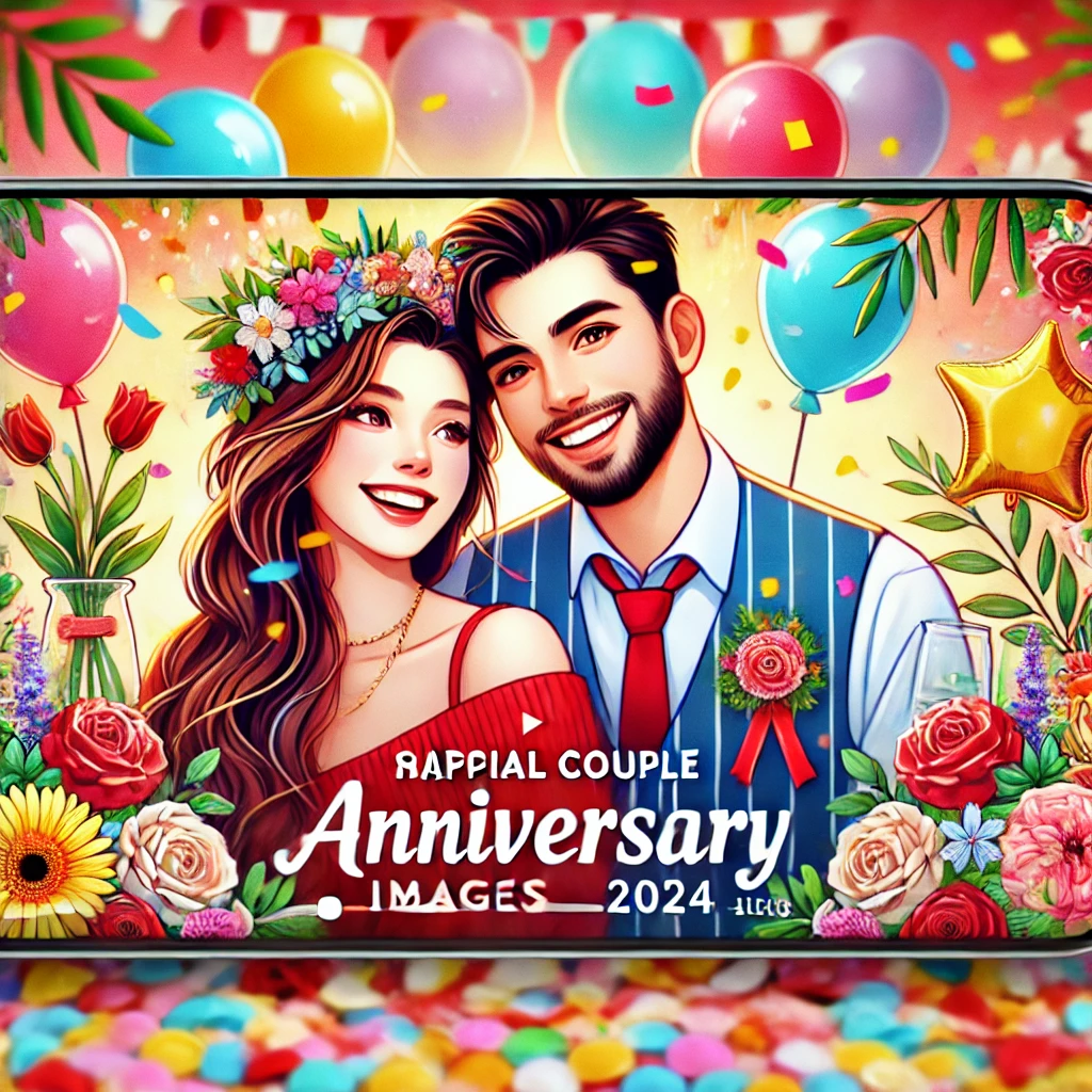 A vibrant and cheerful YouTube thumbnail for a video titled 'Special Couple Happy Anniversary Images 2024'.