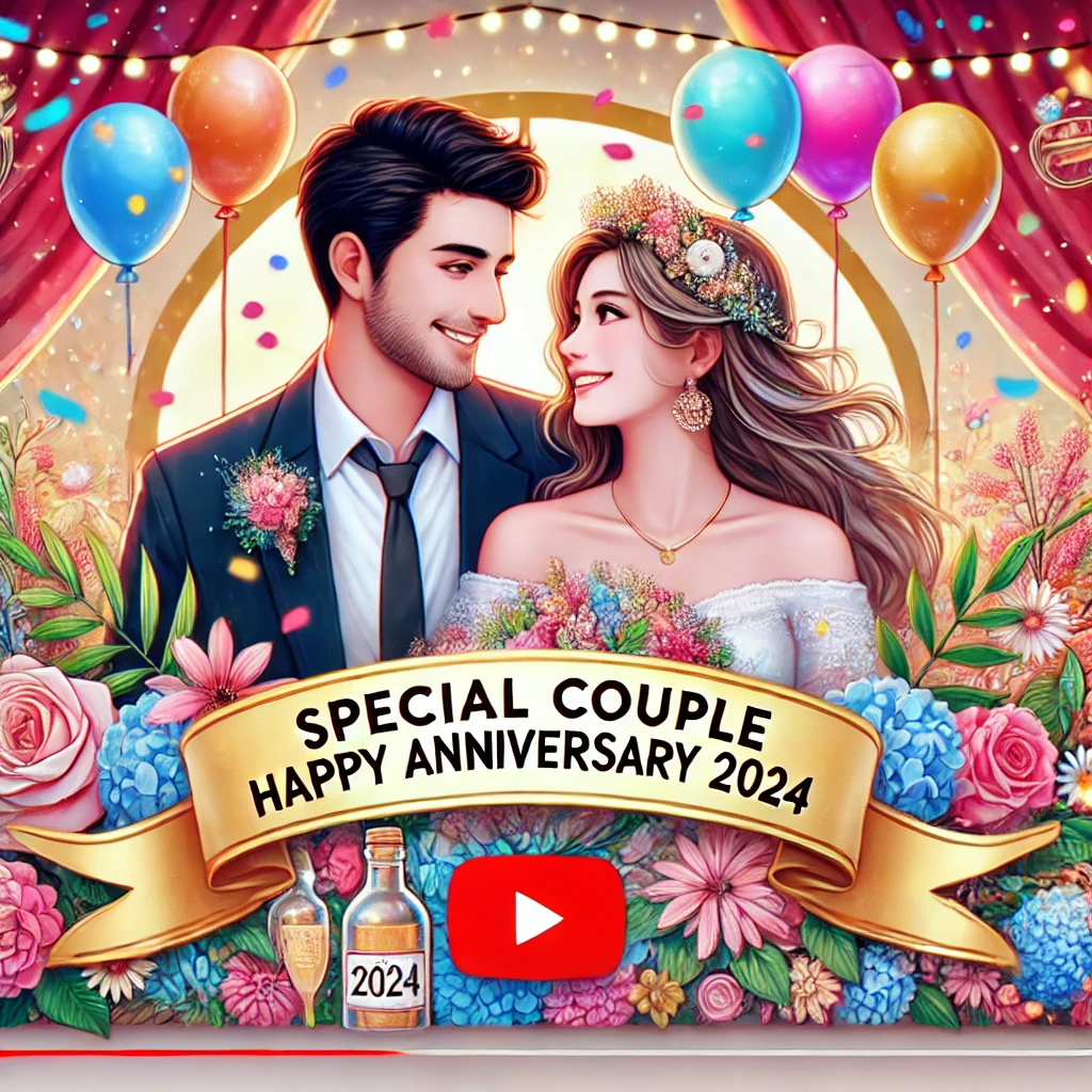 A vibrant and cheerful YouTube thumbnail for a video titled 'Special Couple Happy Anniversary Images 2024'. T