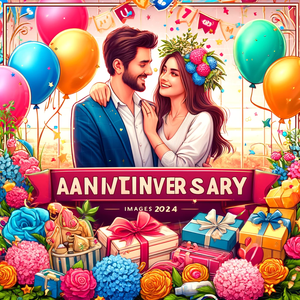 A vibrant and cheerful YouTube thumbnail for a video titled 'Special Couple Happy Anniversary Images 2024'. 