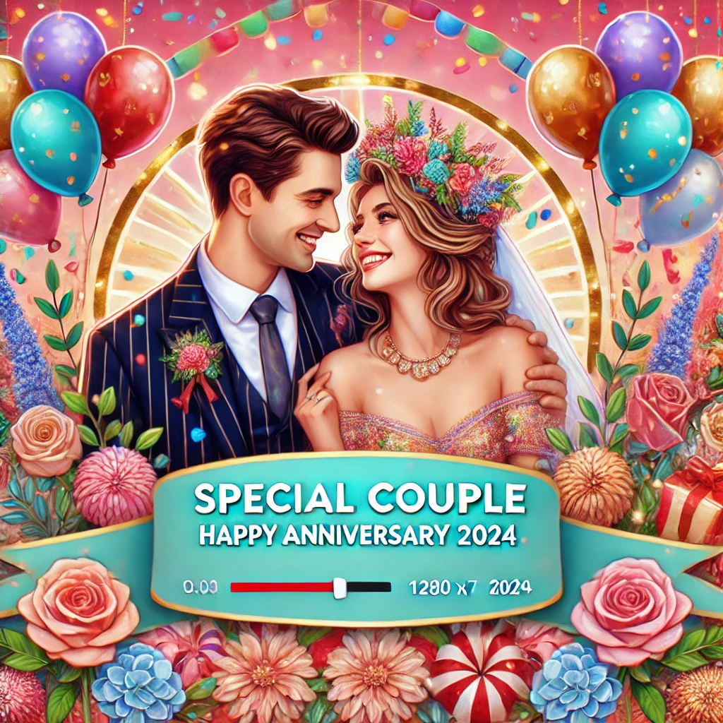 A vibrant and cheerful YouTube thumbnail for a video titled 'Special Couple Happy Anniversary Images 2024'. 