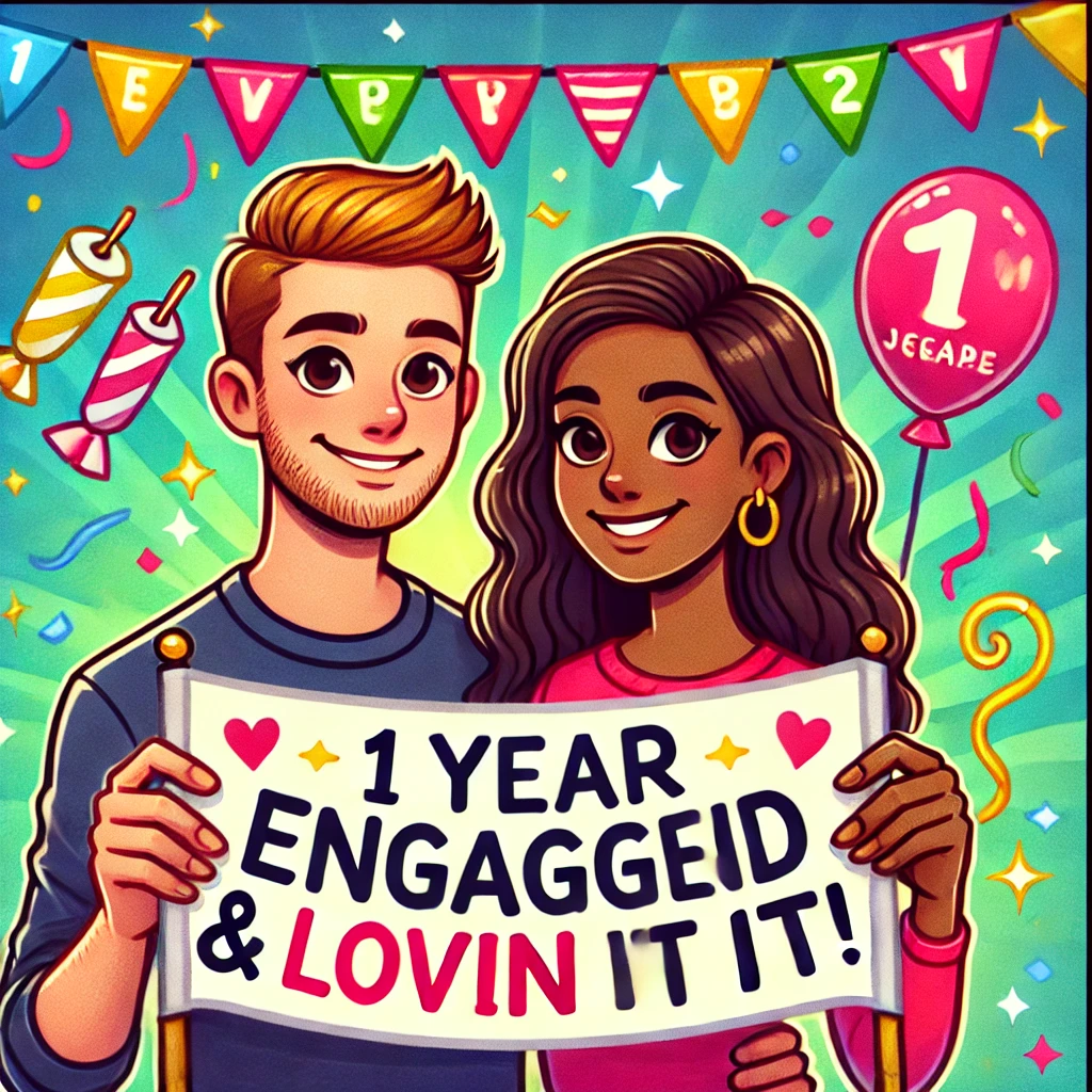 A colorful cartoon image of a couple holding a banner that says '1 Year Engaged & Lovin' It!'. The couple is smiling and looking happy, standing close