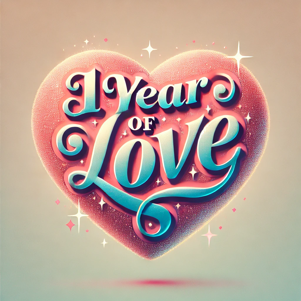 An image of a large, beautifully designed heart. Inside the heart, the words '1 Year of Love' are written in an elegant and celebratory font. The back