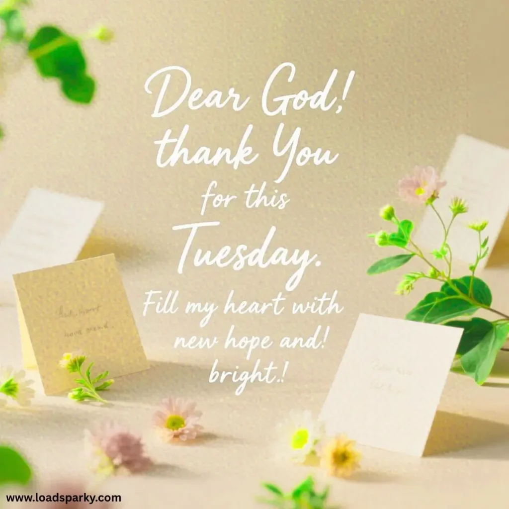 A serene image featuring delicate floral arrangements and inspirational text expressing gratitude for Tuesday and a wish for hope and brightness.