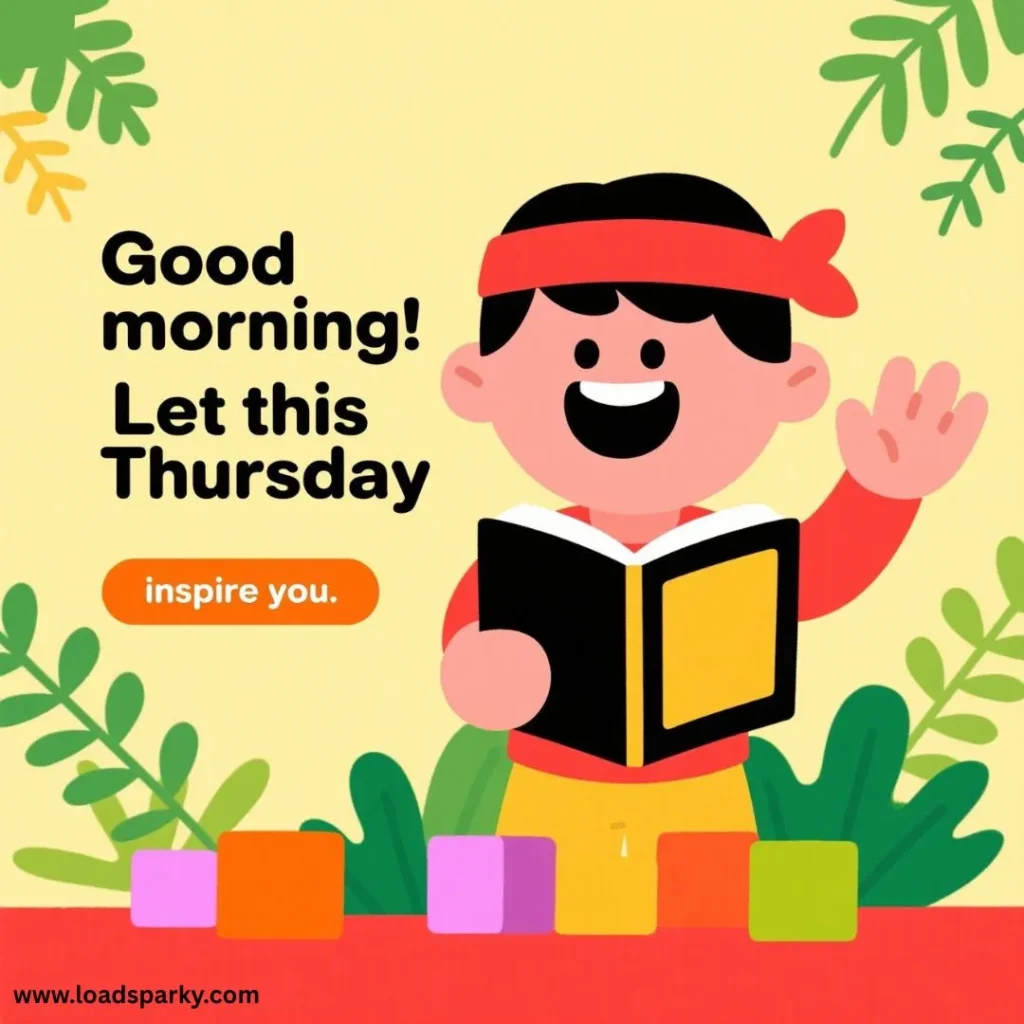 A cheerful cartoon boy in a headband waves while holding a book, with colorful blocks and leafy decor, text reads Good morning! Let this Thursday inspire you.