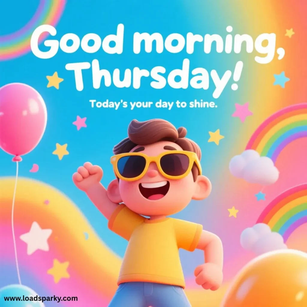 A cheerful cartoon character in a yellow shirt and sunglasses, surrounded by colorful balloons, rainbows, and a bright, playful background.