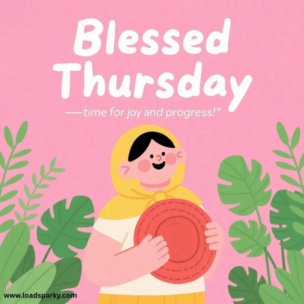 A cheerful character in a yellow hood holds a red frisbee against a pink background, surrounded by green tropical leaves. Text reads, Blessed Thursday.