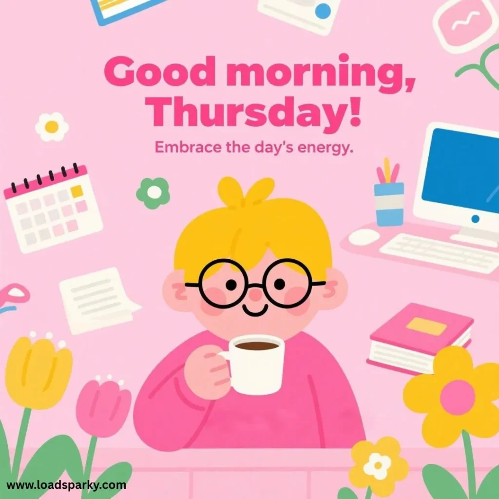 A cheerful child with glasses enjoys coffee at a desk surrounded by flowers, a calendar, and a computer. Bright, playful colors.