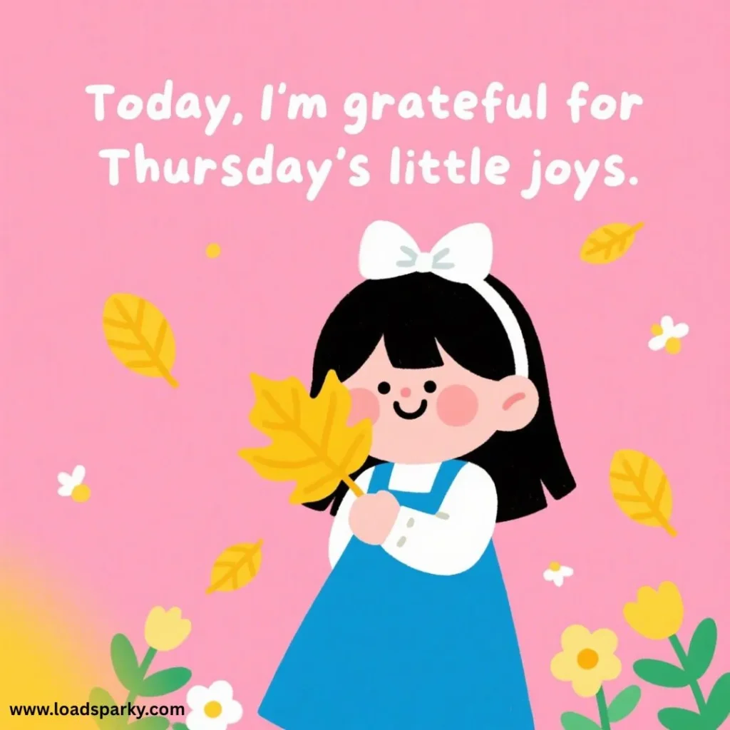 A cheerful girl in a blue dress holds a yellow leaf against a pink background, celebrating Thursday's little joys.