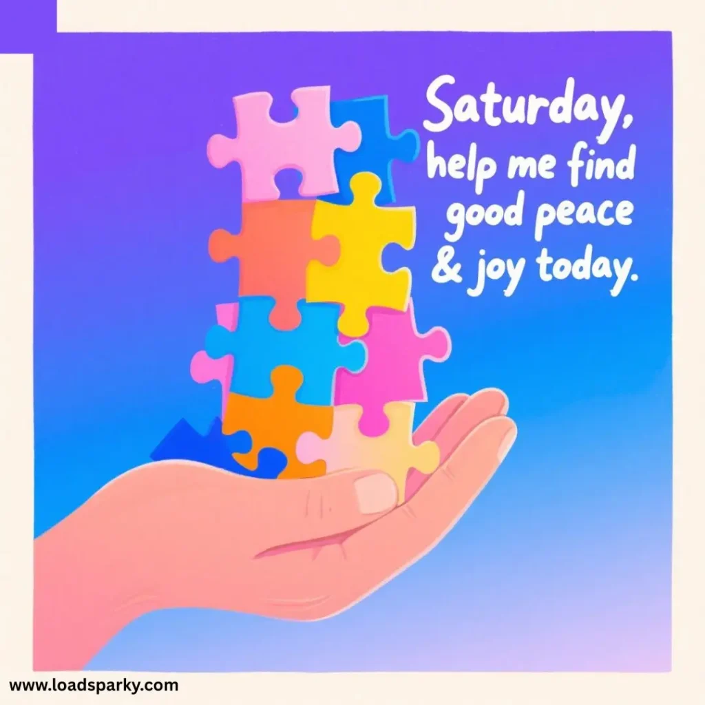 A hand holds colorful puzzle pieces against a gradient blue background, with text requesting Saturday to bring peace and joy.