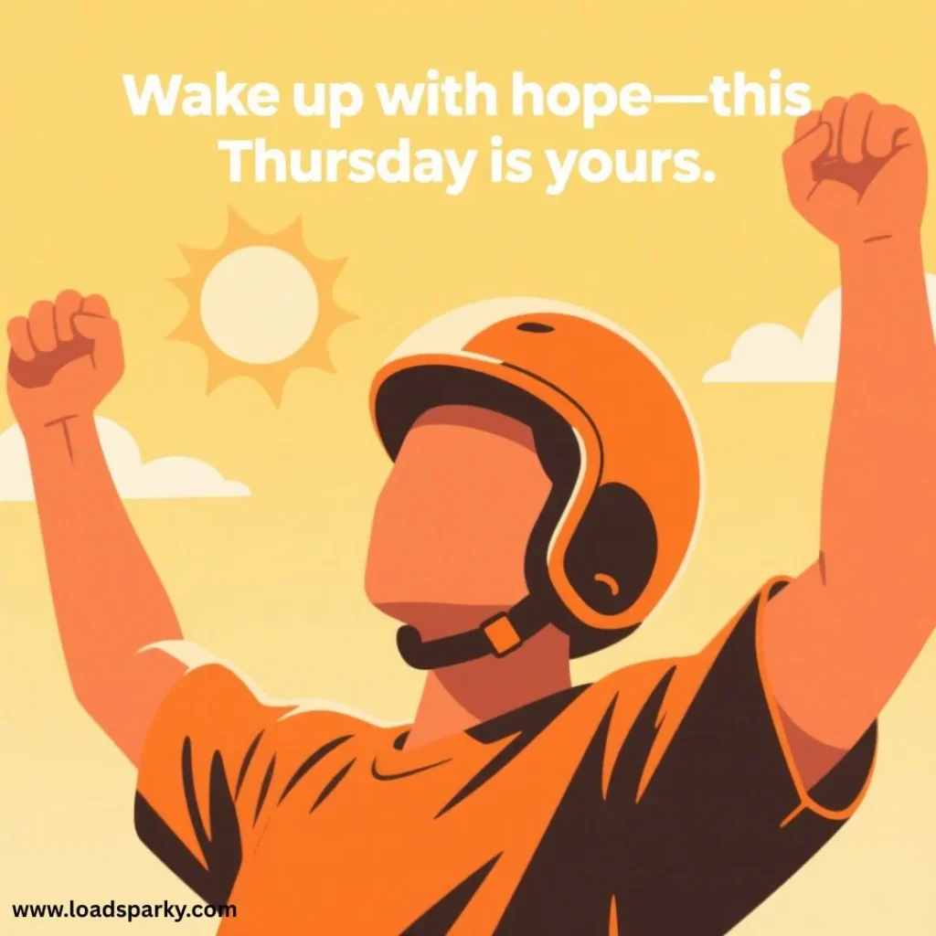 A person in an orange helmet and shirt raises fists in triumph against a sunny backdrop, with motivational text above.
