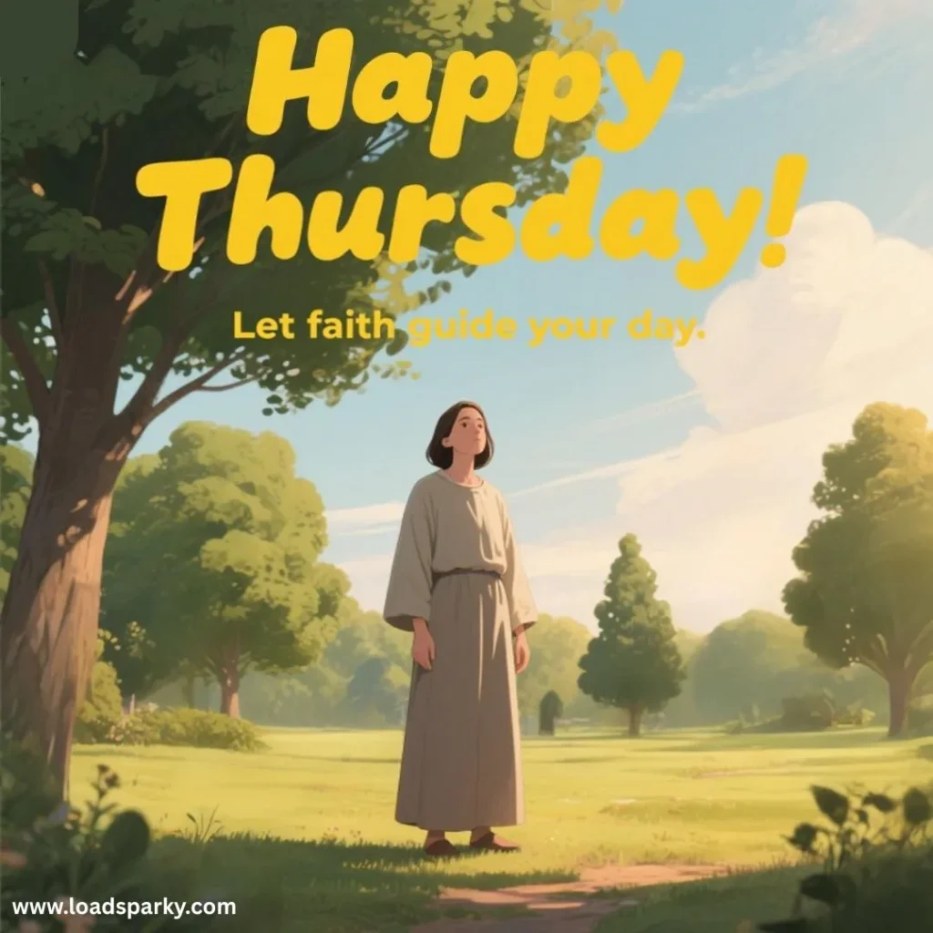 A serene landscape with a figure in a simple robe standing amidst lush green trees, accompanied by uplifting text about faith.