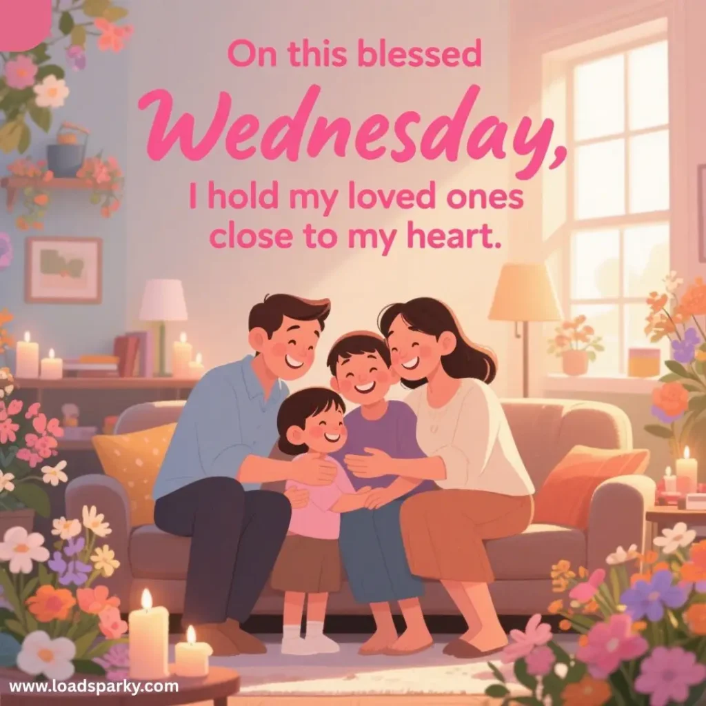 A warm scene of a family gathered on a cozy couch, surrounded by flowers and candles, celebrating love and togetherness on a Wednesday.
