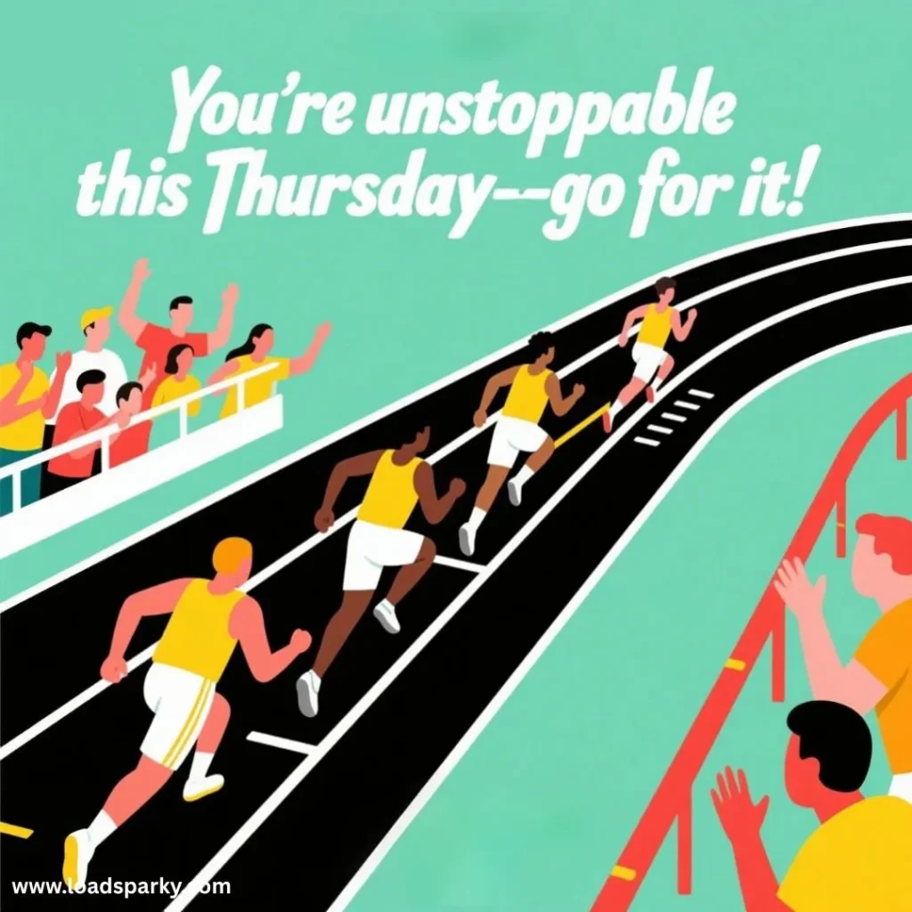 Image of runners in yellow jerseys competing on a track, with cheering spectators above; motivational text reads, You're unstoppable this Thursday!