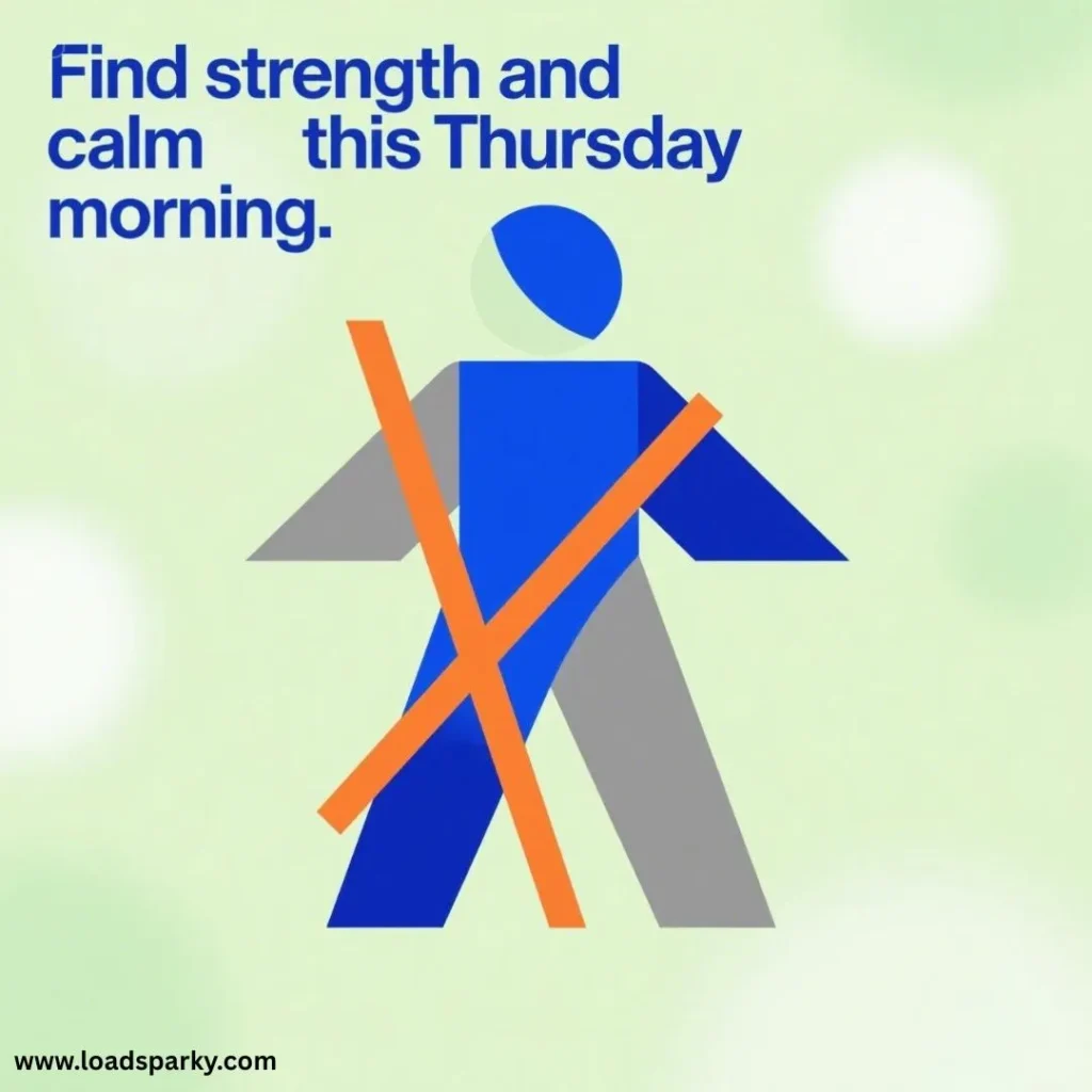 Text on a colorful background Find strength and calm this Thursday morning, with a stylized figure crossed out in orange.