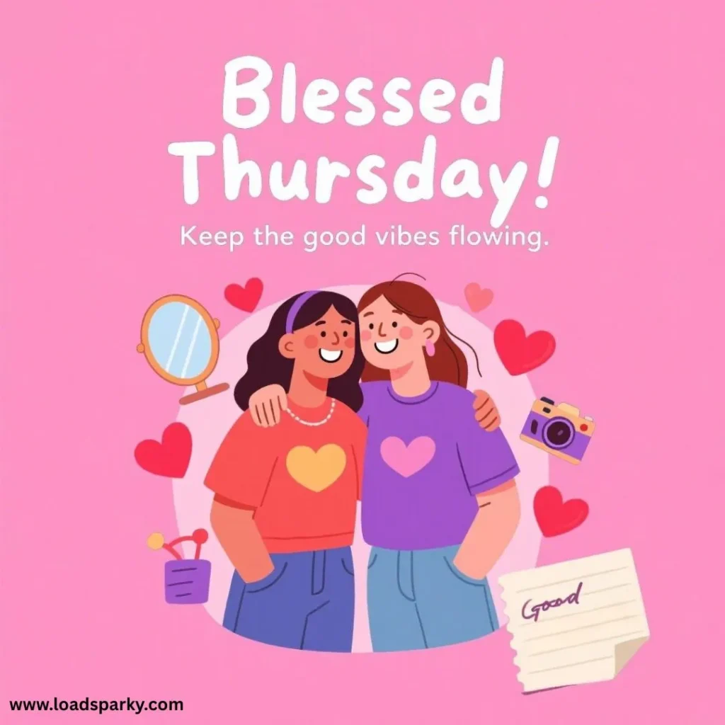Two girls in colorful outfits celebrate Blessed Thursday! surrounded by hearts, a mirror, and a camera on a vibrant pink background.